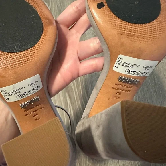 Schutz Women’s Sz 8‎ Enida Neutral Suede Ankle Strap Open Toe Chunky Block Heels - Picture 11 of 14